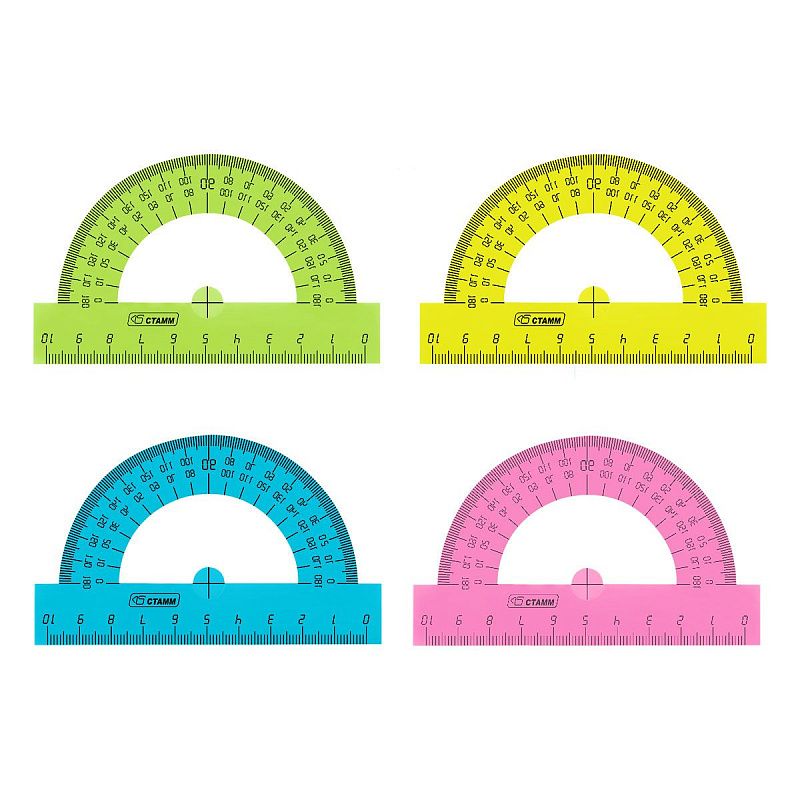 Транспортир 10см, 180° СТАММ, пластиковый, прозрачный, неоновые цвета, ассорти 