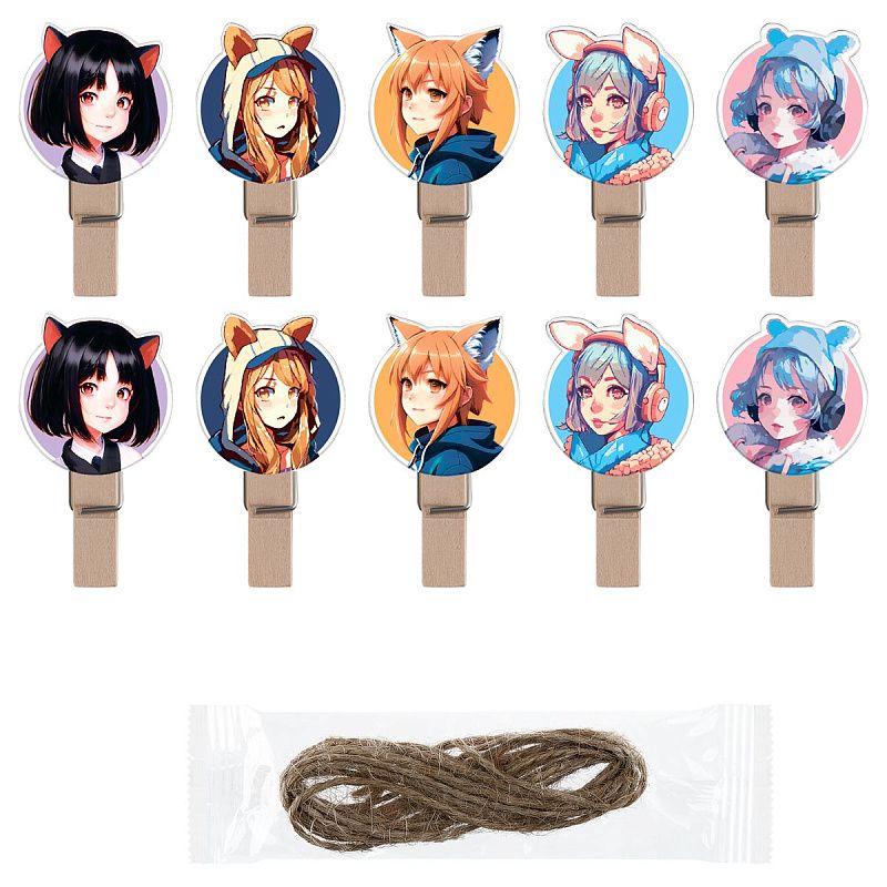 Зажимы для бумаг 7мм, MESHU "Neko", 10шт., деревянные, ассорти, опп пакет с европодвесом, веревка в комплекте