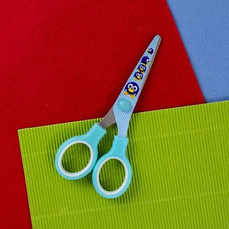 Ножницы BRAUBERG "Kid Series", 130 мм, голубые, с цветной печатью "Пингвины", закругленные, 232271 