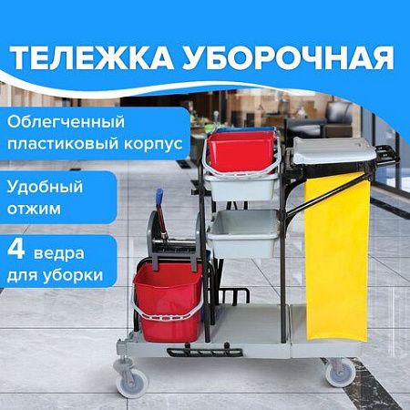 Тележка уборочная BRABIX, ведра 2х20 л, 2х11 л, механический отжим, держатель для мешка, мешок, 2 поддона, 601501