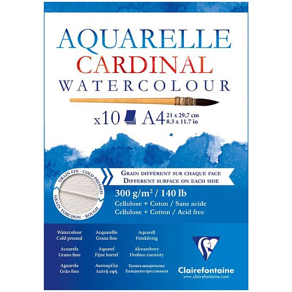 Альбом для акварели, 10л., А4, на склейке Clairefontaine "Cardinal", 300г/м2, торшон, холод. пресс., 30% хлопок