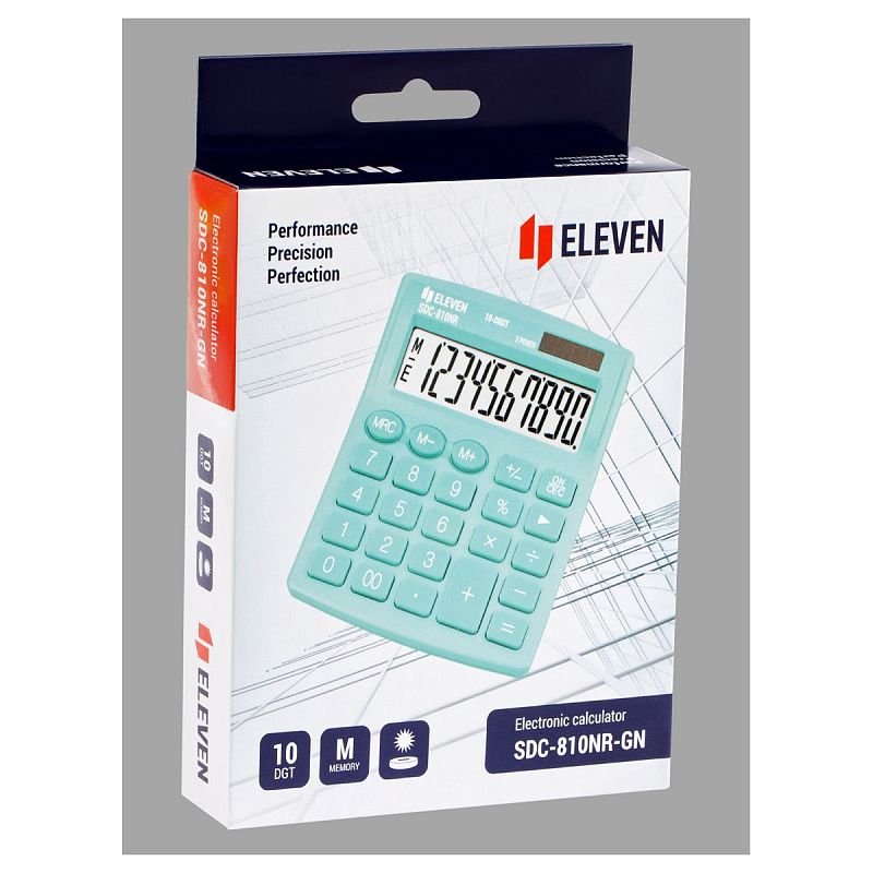 Калькулятор настольный Eleven SDC-810NR-GN, 10 разрядов, двойное питание, 127*105*21мм, бирюзовый