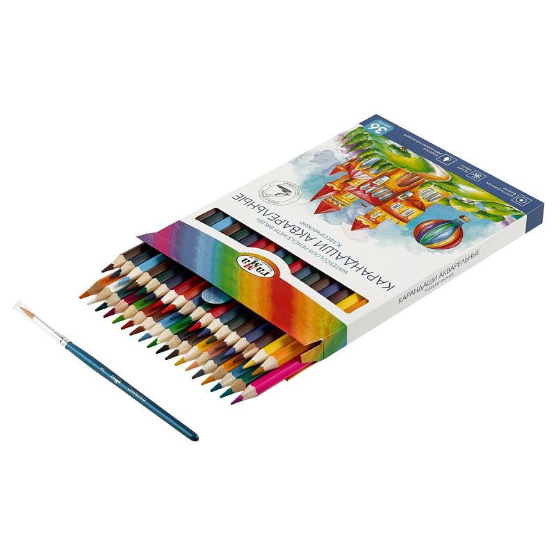 Карандаши акварельные Гамма "Классические", 36цв., шестигранные, заточен., с кистью, картон. упак., европодвес