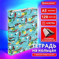 Тетрадь на кольцах А5 160х212 мм, 120 листов, картон, выборочный лак, клетка, BRAUBERG, "Карпы Кои", 404730