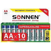 Батарейки КОМПЛЕКТ 10 шт., SONNEN Super Alkaline, АА (LR6,15А), алкалиновые, пальчиковые, в коробке, 454231
