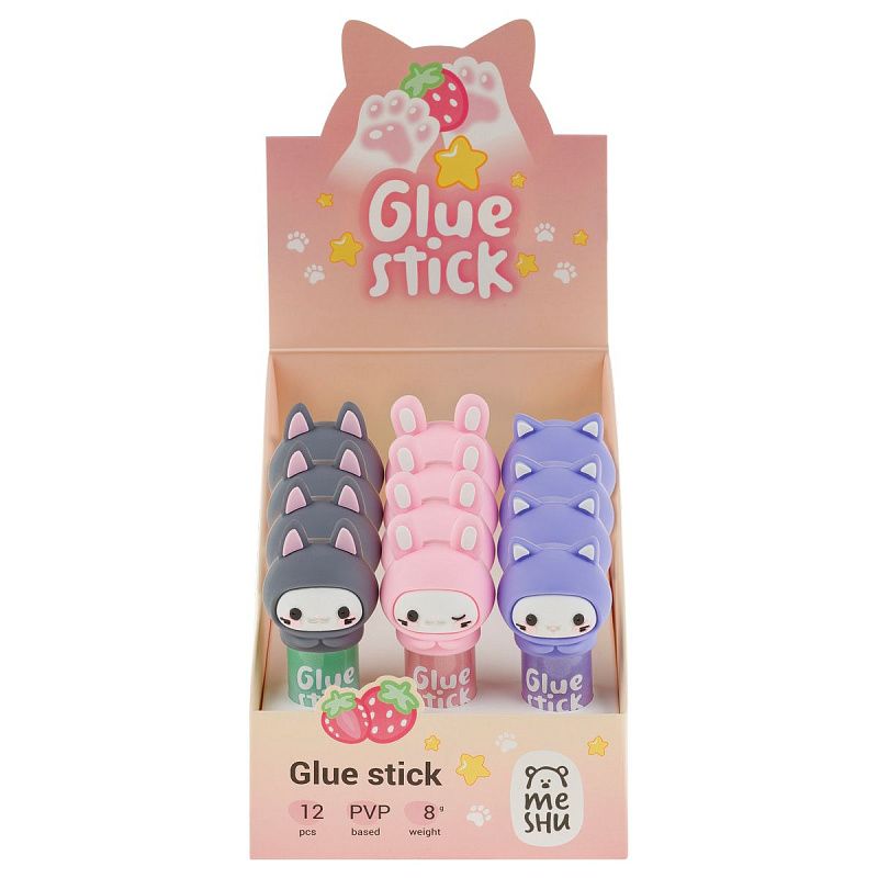 Клей-карандаш MESHU с топпером "Cuties", 8г, дисплей бокс, ПВП, ассорти