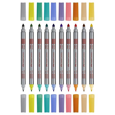 Фломастеры двусторонние Faber-Castell, 10 паст.цв., смываемые, пластик.уп., европодвес