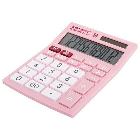 Калькулятор настольный BRAUBERG ULTRA PASTEL-12-PK (192x143 мм), 12 разрядов, двойное питание, РОЗОВЫЙ, 250503