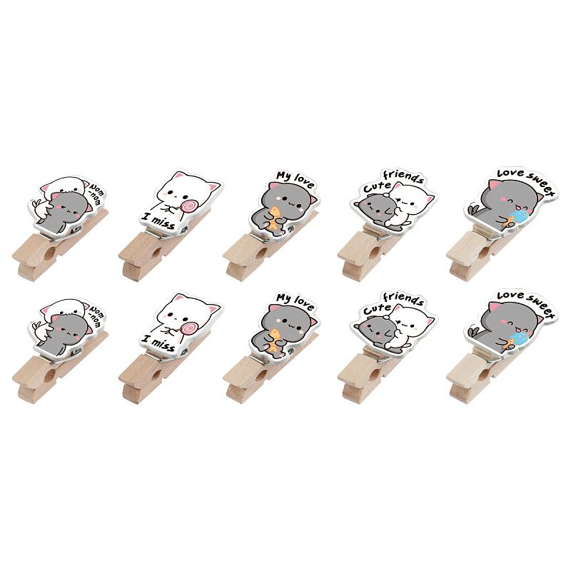 Зажимы для бумаг 7мм, MESHU "Best Friends" , 10шт., деревянные, ассорти, опп пакет с европодвесом, веревка в комплекте