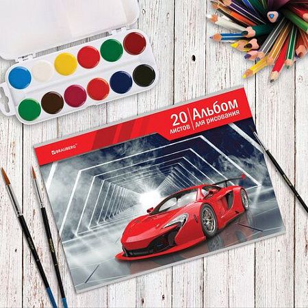 Альбом для рисования А4 20 л., скоба, обложка картон, BRAUBERG, 202х285 мм, "Автомир" (2 вида), 105604