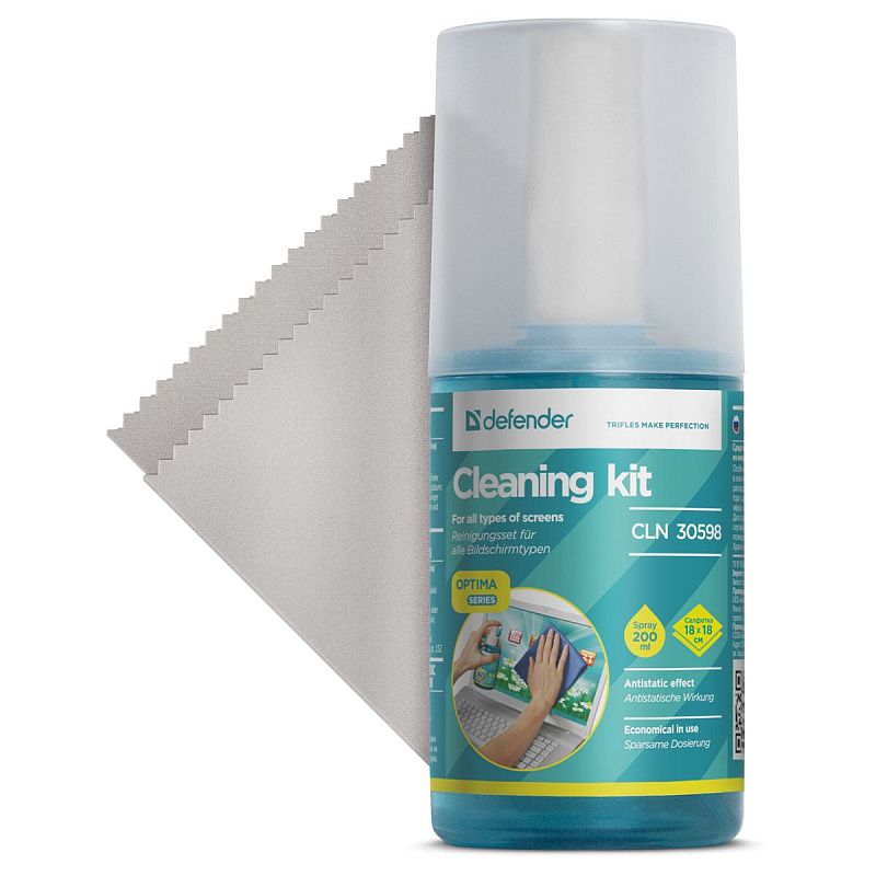 Очищающий комплекс для экранов и мониторов всех типов Defender CLN 30598 "Optima", 200мл + салфетка из микрофибры 18*18см