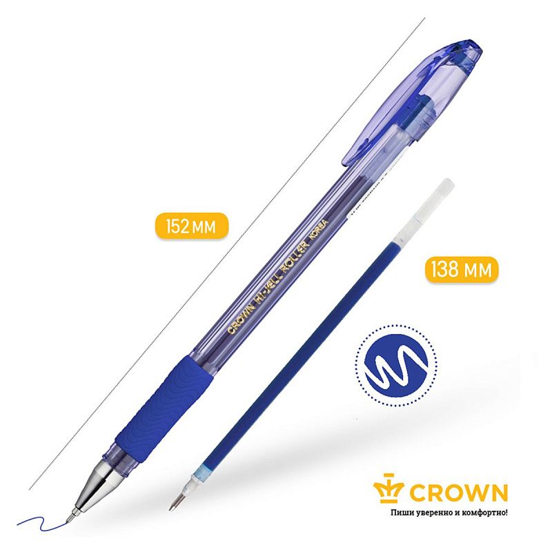 Ручка гелевая Crown "Hi-Jell Needle Grip" синяя, 0,7мм, грип, игольчатый стержень, штрих-код 