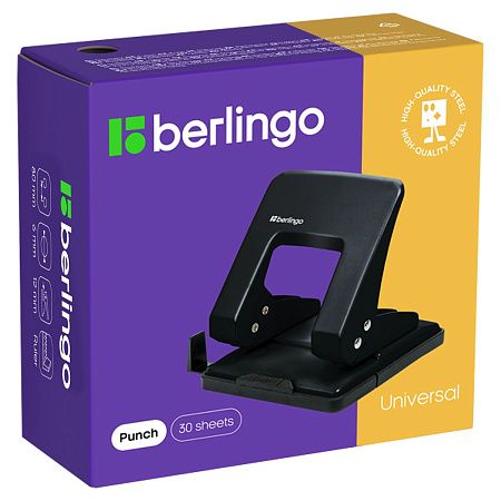 Дырокол Berlingo "Universal" 30л., металлический, черный, с линейкой