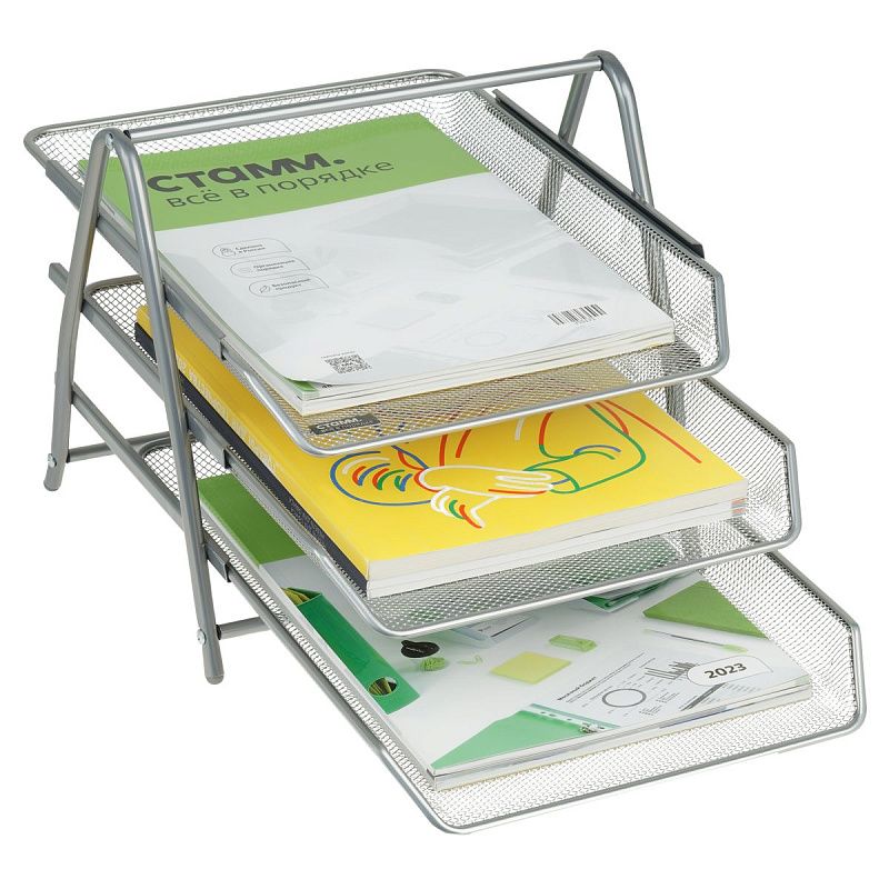 Лоток для бумаг горизонтальный СТАММ, 3 секции, металл, серебристый