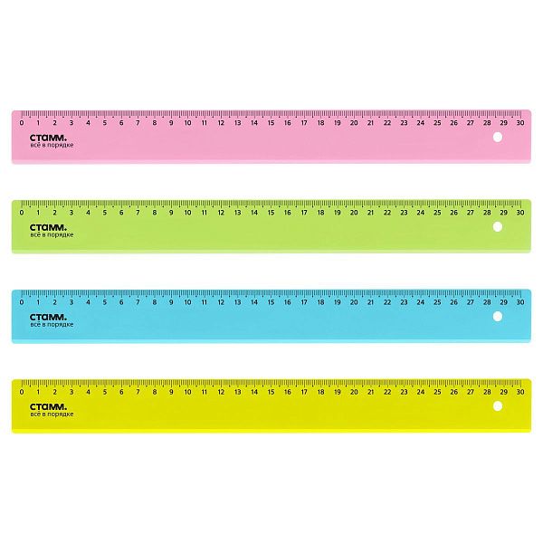 Линейка 30см СТАММ, пластиковая, прозрачная, неоновые цвета, ассорти