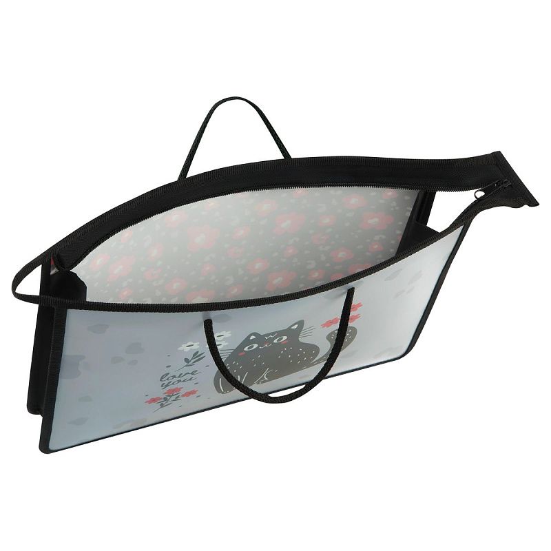 Папка с ручками А4 ArtSpace "Black Cat with Flowers", пластик, на молнии, 75мм 