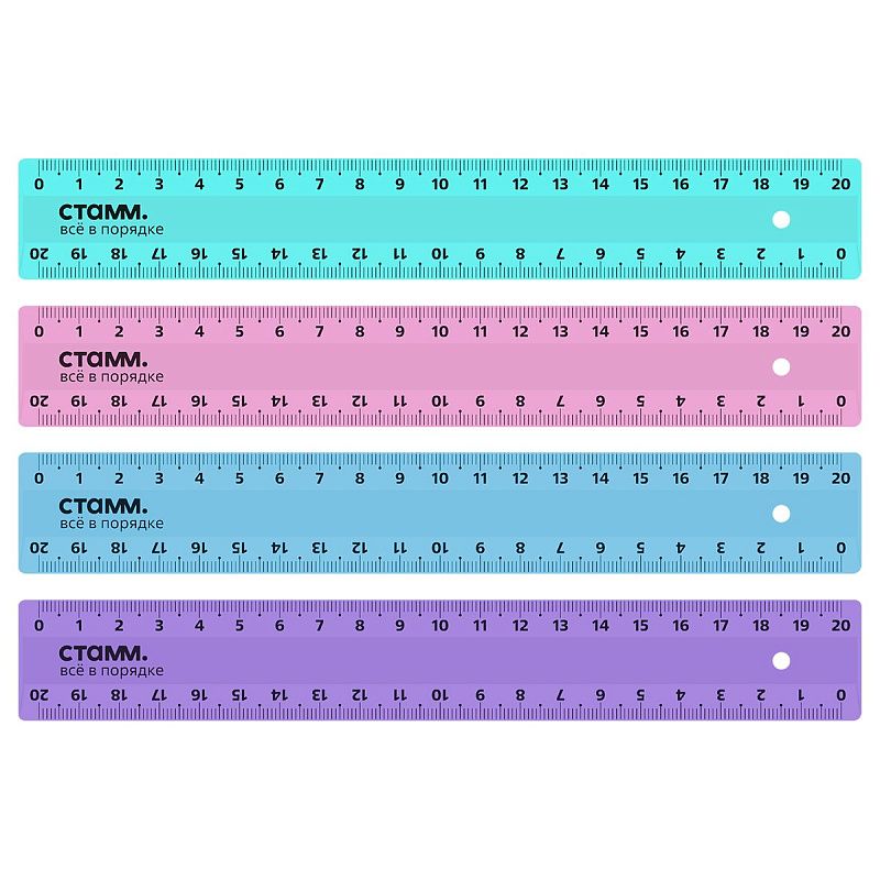 Линейка 20см СТАММ, пластиковая, 2 шкалы, непрозрачная, пастельные цвета, ассорти, европодвес 