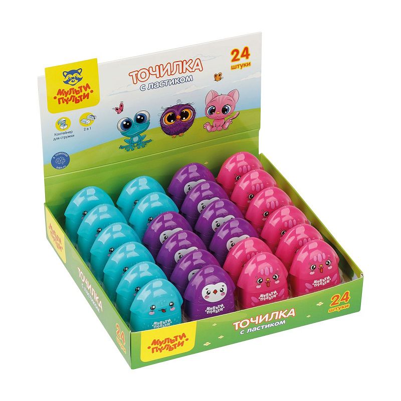 Точилка пластиковая с ластиком Мульти-Пульти "Милашки" 1 отверстие, контейнер, ассорти 