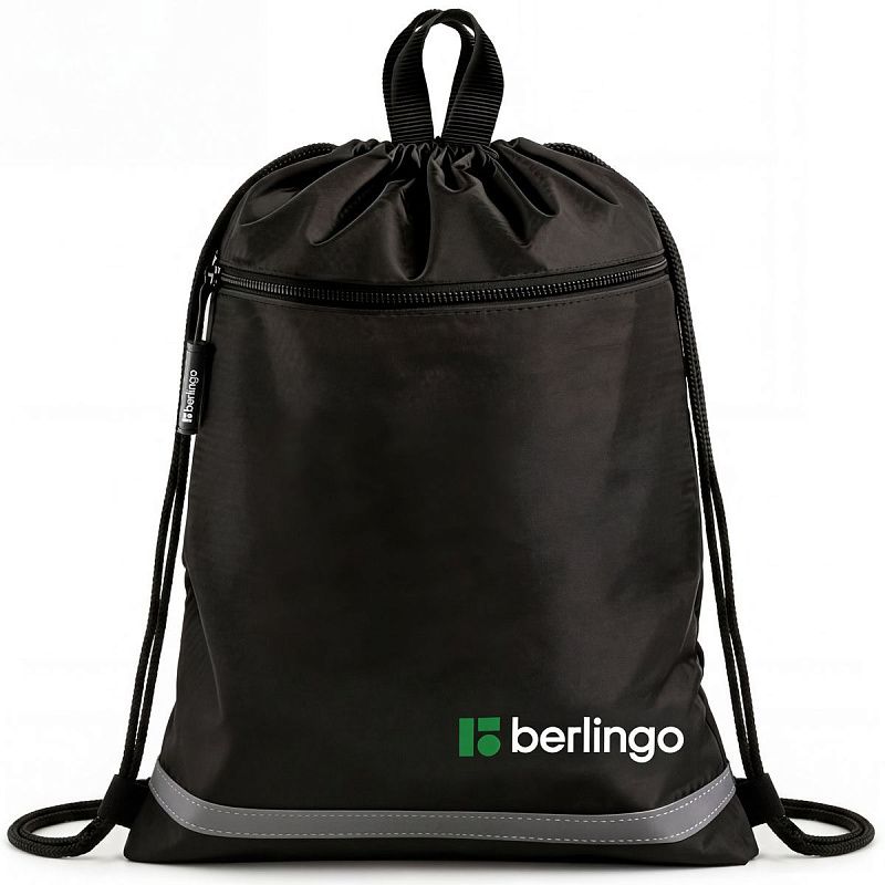 Мешок для обуви 1 отделение Berlingo "Basic black", 360*460 мм, светоотражающая лента, карман на молнии, полиэстер, черный