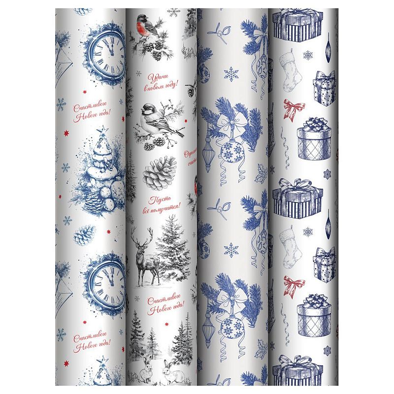 Упаковочная бумага глянц. 70*100см, MESHU "Christmas Eve", 80г/м2, ассорти 4 дизайна