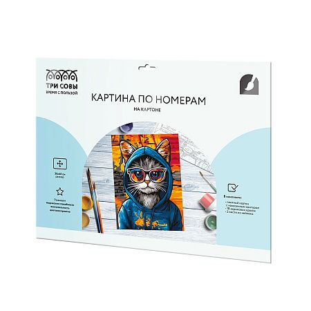 Картина по номерам на картоне ТРИ СОВЫ "Кот в худи", 30*40, с акриловыми красками и кистями