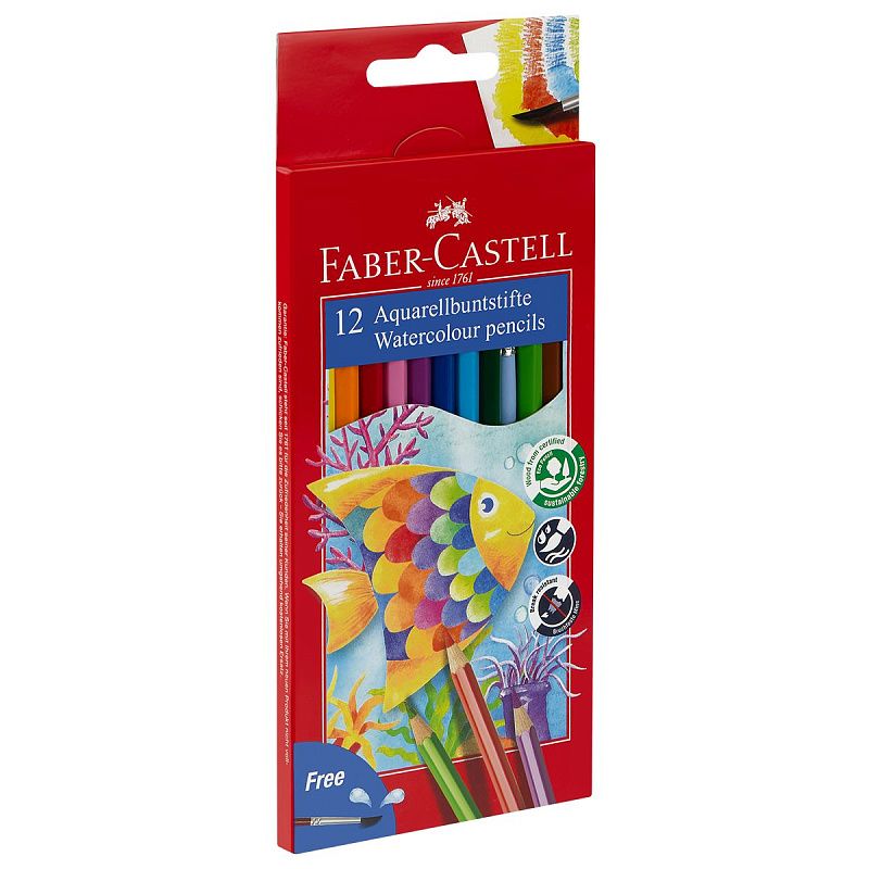 Карандаши акварельные Faber-Castell, 12цв+кисть, картон, европодвес