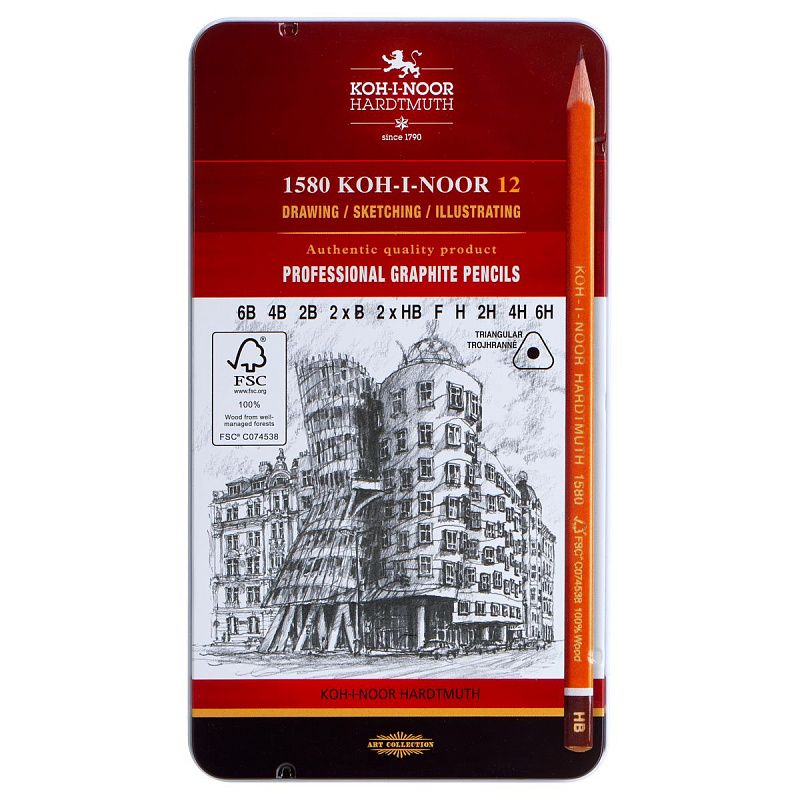 Набор карандашей ч/г Koh-I-Noor "1582" 12шт., 6B-6H, трехгранный, заточен., метал.пенал