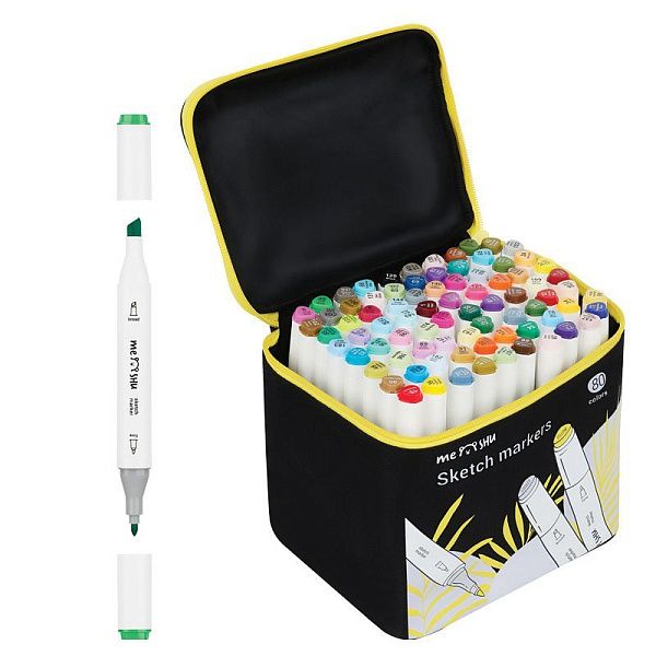 Набор двусторонних маркеров для скетчинга MESHU 80цв., основные цвета, корпус трехгранный, пулевид./клиновид.наконечники, текстильный чехол на молнии