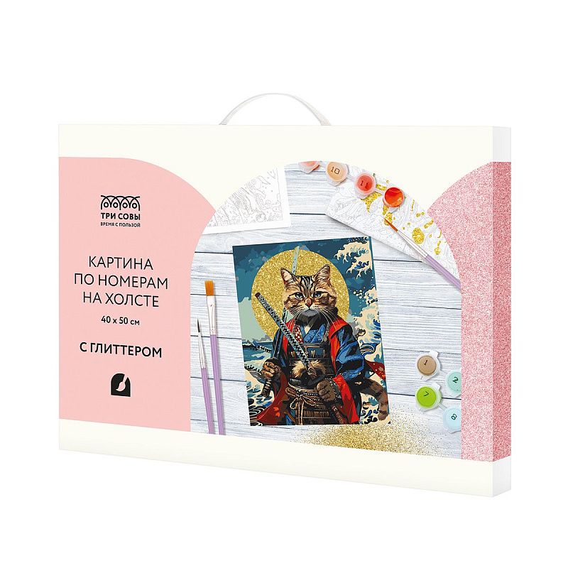 Картина по номерам на холсте с глиттером ТРИ СОВЫ "Кот-самурай", 40*50, с акриловыми красками и кистями