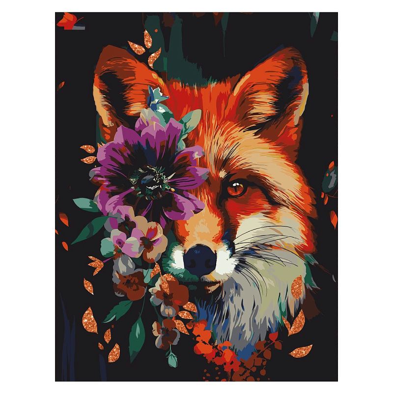 Картина по номерам на холсте с глиттером ТРИ СОВЫ "Лиса с цветами", 30*40, с акриловыми красками и кистями