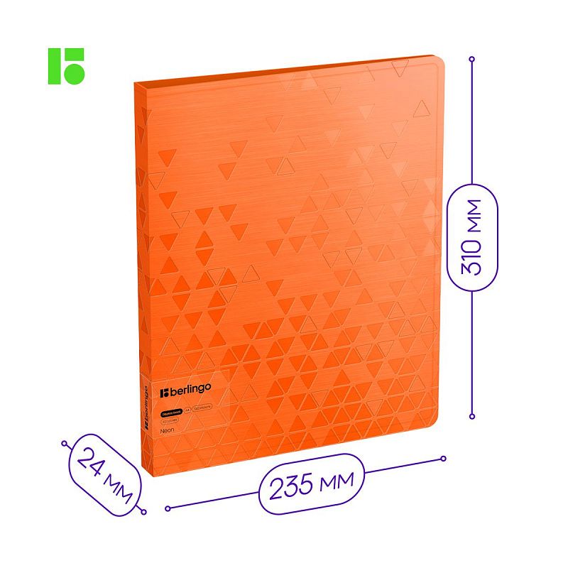 Папка с 40 вкладышами Berlingo "Neon", 24мм, 1000мкм, оранжевый неон, с внутр. карманом 