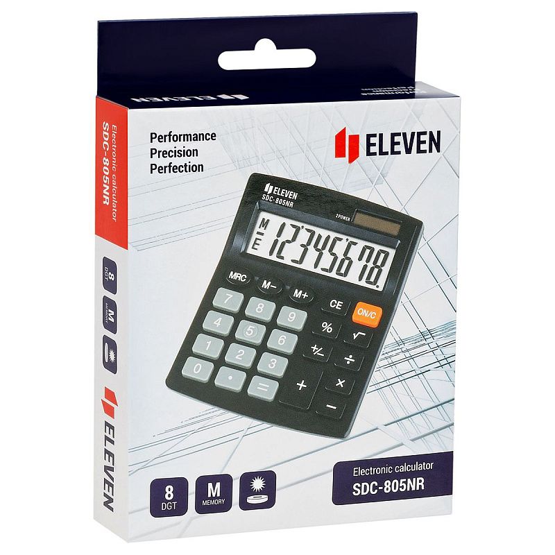 Калькулятор настольный Eleven SDC-805NR, 8 разр., двойное питание, 127*105*21мм, черный