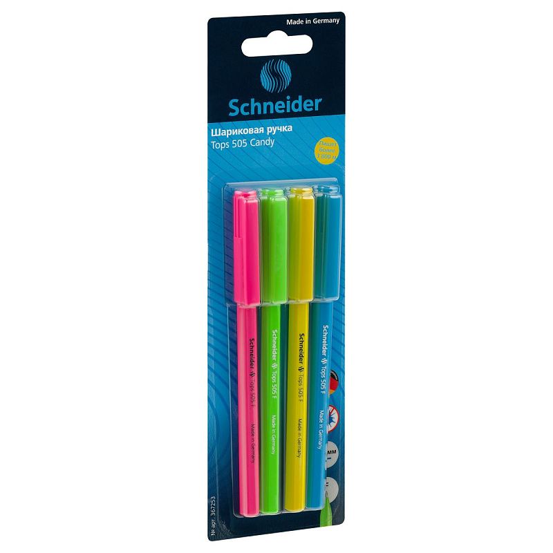 Ручка шариковая Schneider "Tops 505 F Candy" 4шт., синие, 0,8мм, корпус неон ассорти, блистер 