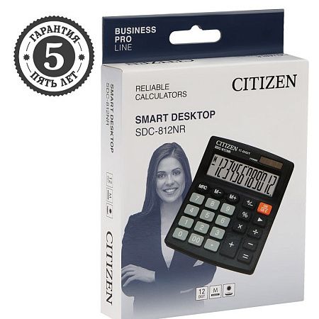 Калькулятор настольный Citizen SDC-812NR, 12 разрядов, двойное питание, 102*124*25мм, черный