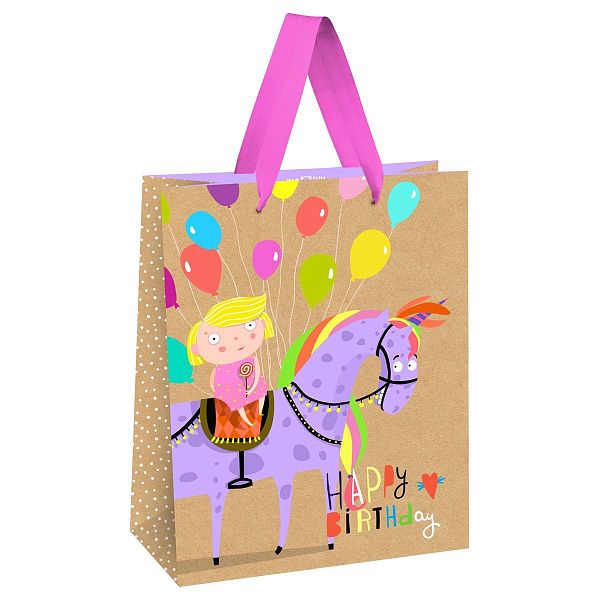 Пакет подарочный 26*32*12см MESHU "Happy Birthday. Unicorn ", выб.лак, крафт