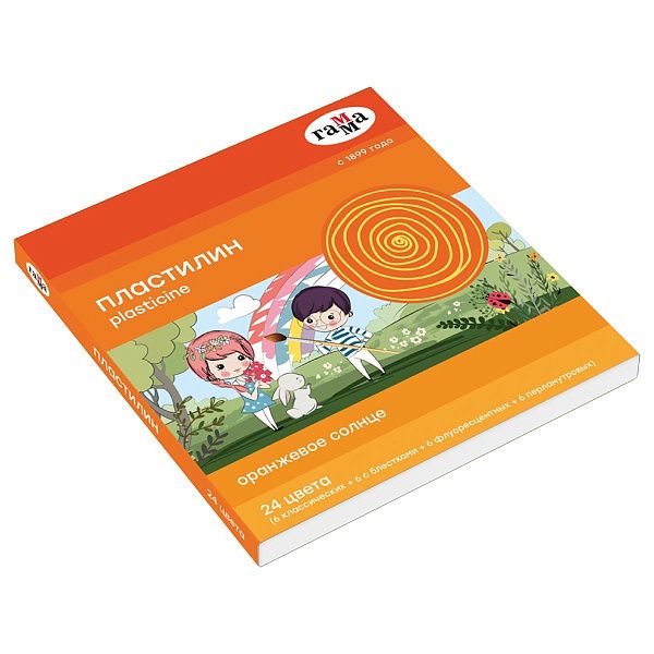 Пластилин Гамма "Оранжевое солнце", 24 цвета (6 классич., 6 с блестк., 6 перл., 6 флуор.), 312г, со стеком, картон. упаковка