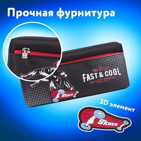 Пенал ЮНЛАНДИЯ, 2 отделения, полиэстер, "Skate", черный, 21х6х9 см, 270276 