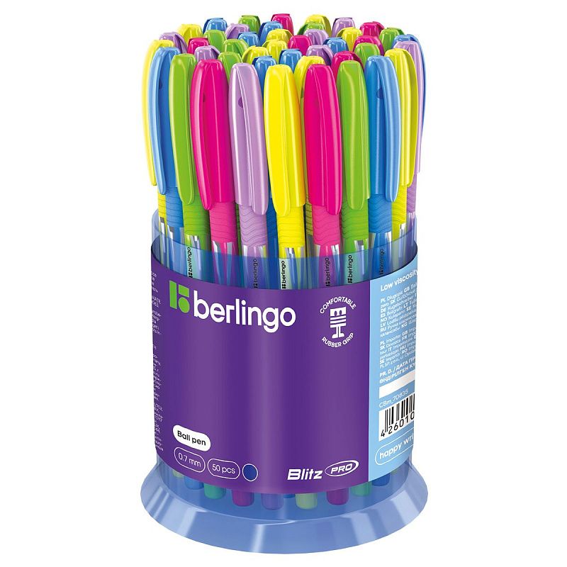 Ручка шариковая Berlingo "Blitz Pro" синяя, 0,7мм, грип, корпус ассорти 