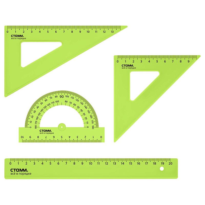 Набор чертежный СТАММ, размер M (линейка 20см, 2 треугольника, транспортир), прозрачный, неоновые цвета, ассорти, европодвес 