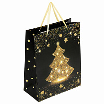 Пакет подарочный (1 штука) новогодний 26x13x32 см, ЗОЛОТАЯ СКАЗКА "Midnight Christmas Tree", глиттер, 608230