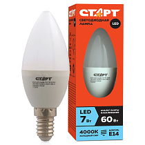 Лампа светодиодная Старт LED, серия "ЭКО" 7W40, тип С "свеча", E14, 4000К, холодный свет, 15000ч